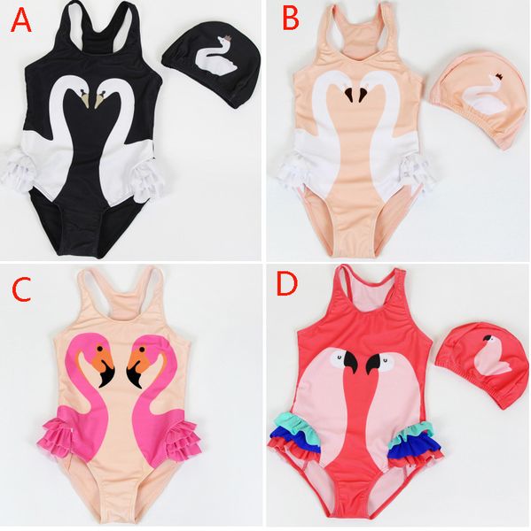 

4 style baby swimwear one-piece kids girls black swan pink flamingo melon parrot swimwear+ cap 2 pcs outfit bikini bath suit beachwear