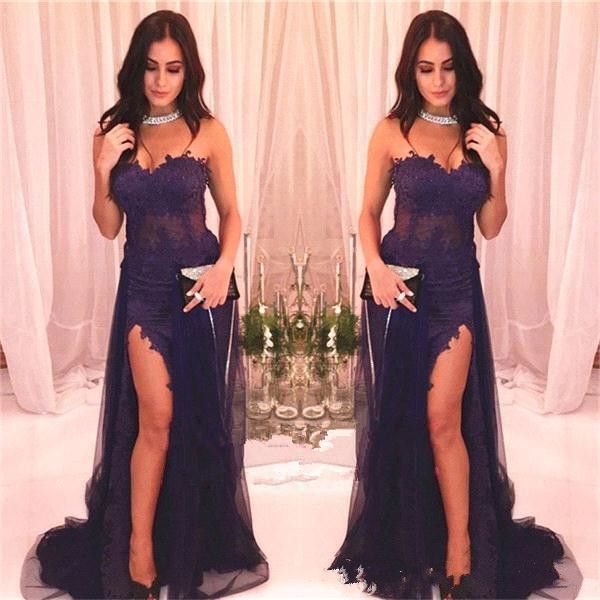 

2018 New Sweetheart Lace Applique Split Mermaid Long Evening Dresses Sleeveless Tulle Floor Length Formal Prom Party Dresses Custom Made, Black;red