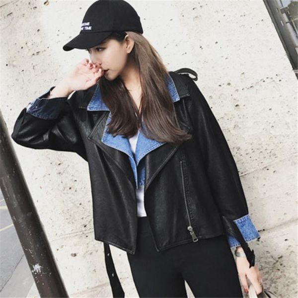 

locomotive pu jacket coat fashion casual european and american women leather jacket coat denim stitching collar short paragraph, Black
