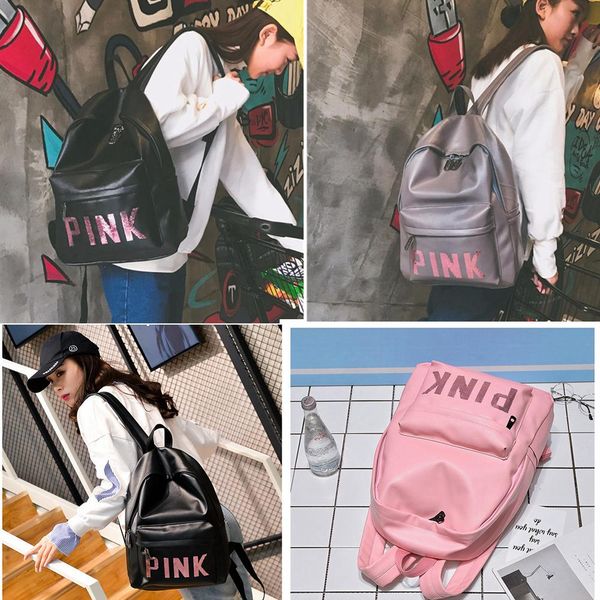 

3 color pink letter equin backpack teenager girl pu waterproof travel double houlder backpack fa hion tudent chool bag