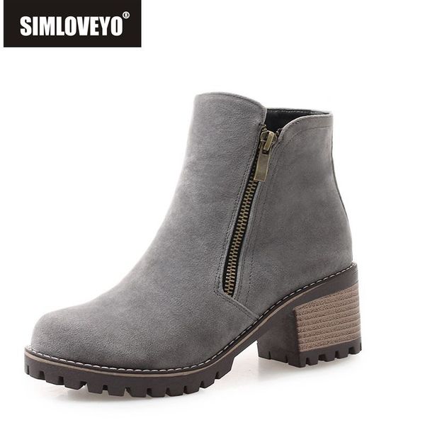 

simloveyo flock ankle boots for women anti-slip boots low heel zipper solid casual round toe shoes women botas feminina b1006, Black