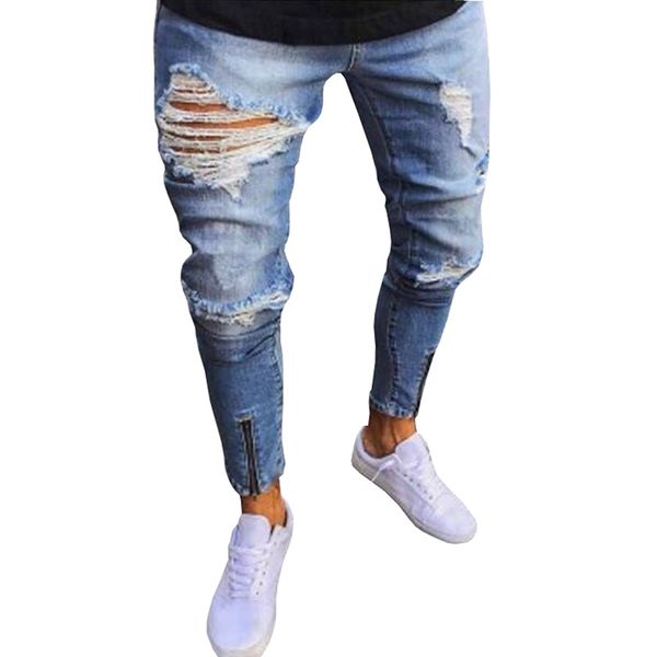 Jeans da uomo Moda Vintage Casual Strappati Pantaloni da jogging in denim con buco rotto Pantaloni da jogging blu danneggiati