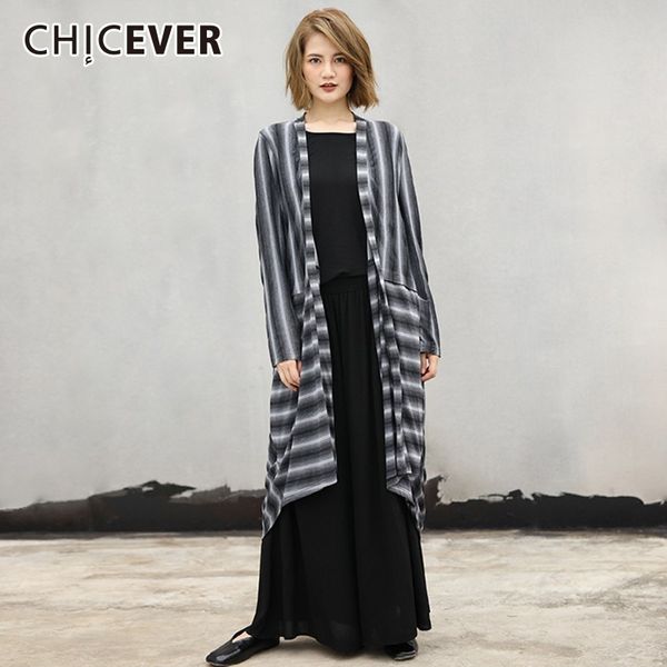 

chicever striped trench coat for women's windbreaker v neck long sleeve bow bandage cardigans of large sizes autumn fashion new, Tan;black