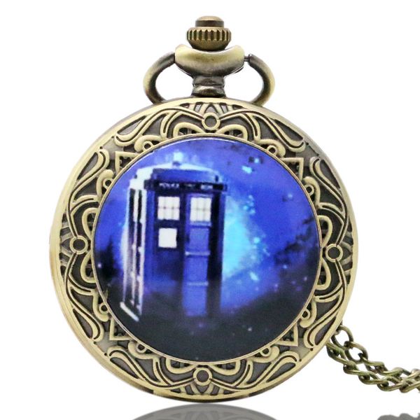 

men's pocket watch, movie doctor who blue telephone booth pocket watch for men, classic time travel quartz watch, Slivery;golden