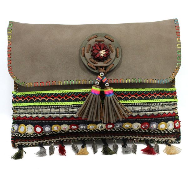 

bohemian national ethni leather women handbag national ethnic tassel purse bags women's small handbag clutch bag, Slivery;golden
