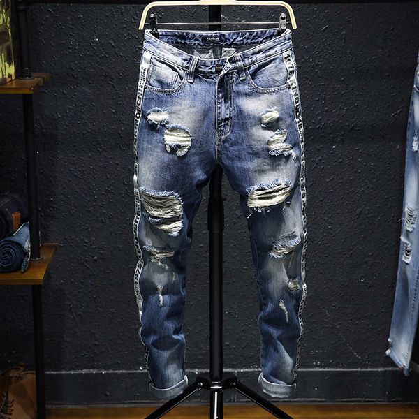 

mens ripped hole straight slim casual denim fit biker jeans pants long pants stylish straight slim fit jeans, Blue