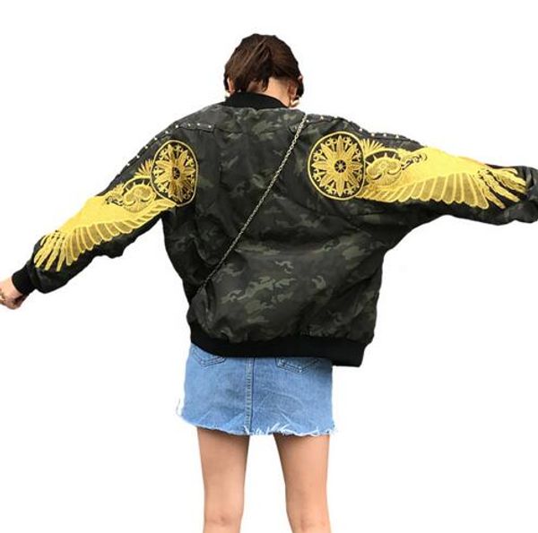 

women bomber jackets harajuku camouflage gold wings rivets punk embroidery outwear cute female coat, Black;brown