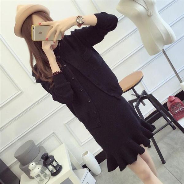 

2017 autumn winter women dress suit set solid casual knit coat with tank dress fashion runway celebrity women sets pink, White;black