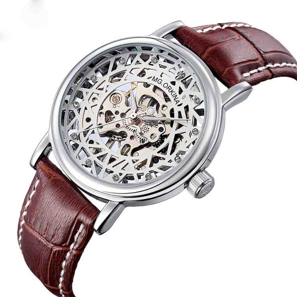 

wengle new mgorkina manually wound slim double-sided hollow carved men luxury gift dress casual mechanical watches, Slivery;brown