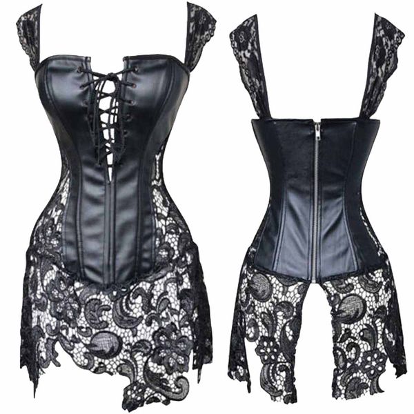 

full corset steampunk gothic clothing leather control slips bustiers shapers body hollow lace waist cincher gift items, Black;white