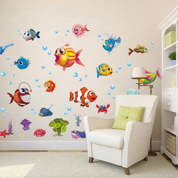 Acheter Dessin Animé Poissons Eau De Mer Animaux Animal Stickers Muraux Salle De Bains Wc Décor Stickers Muraux Enfants Chambre Pépinière Cabinet