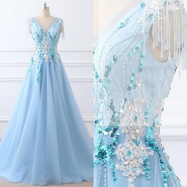 

charming luxury prom dresses long formal light sky blue tulle exquisite beading crystals sequins v neck evening gown zipper up, Black
