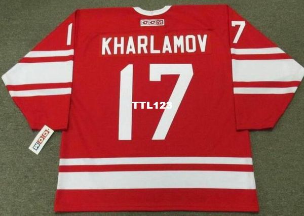 

real men real full embroidery #17 valeri kharlamov ussr 1972 vintage hockey jersey or custom any name or number jersey, Black;red