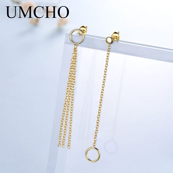 

umcho solid real 925 sterling silver earrings asymmetry long dangle tassel earrings for women party gifts fine jewelry new, Golden;silver