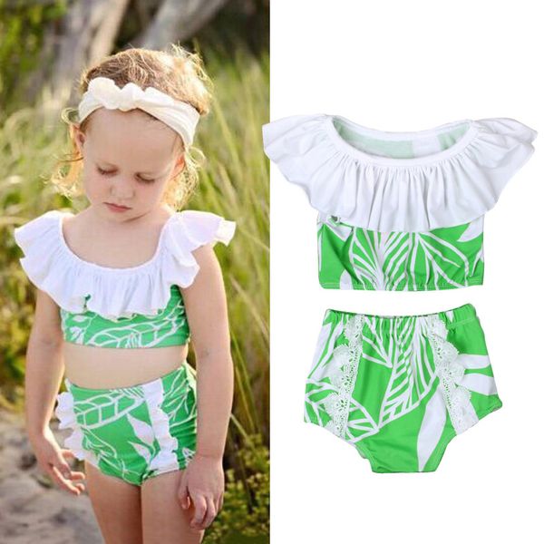 Crianças folha de Lótus Swimwear outfits meninas Folhas top de impressão + shorts 2 pçs / set 2018 verão Babados Bikini Crianças Maiô C3870