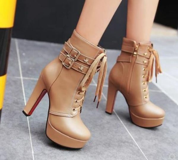 

send 2018 new style waterproof table high heel boots coarse heel round head women winter boots, Black