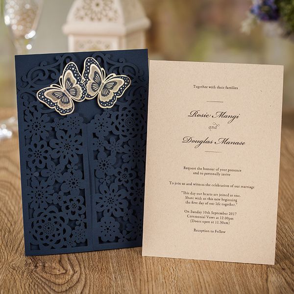 Party Supplies Navy Blue Laser Cut Wedding Cards Flower Invitation