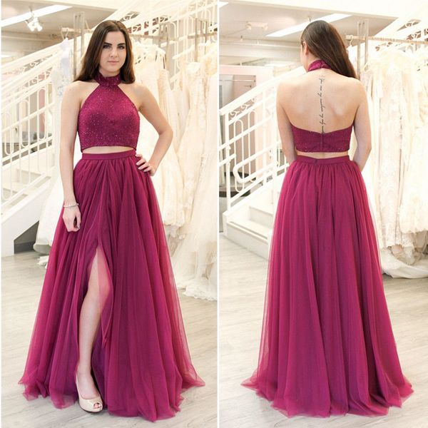 

burgundy two piece prom dresses high neck halter beading tulle split side floor length backless prom dresses homecoming dress, Black