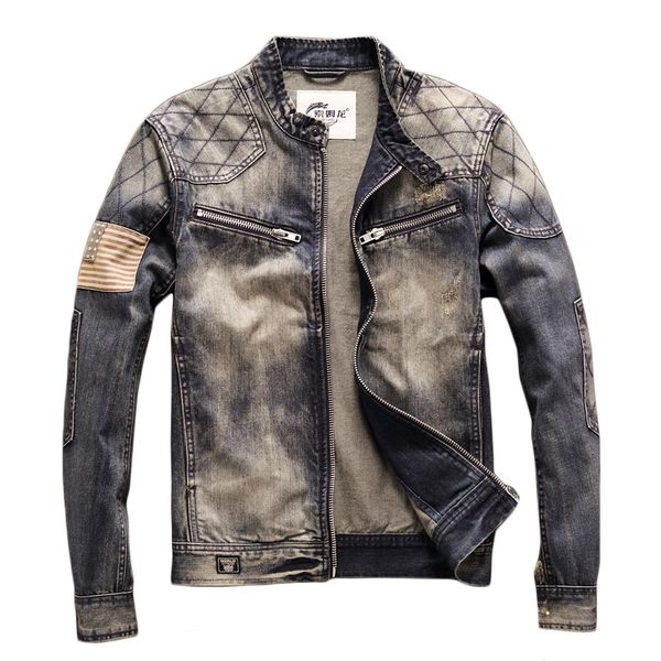 

bonjean men's blue denim vintage classic biker motorcycle jacket stand collar retro slim fit usa flag jeans coat drop shipping, Black;brown