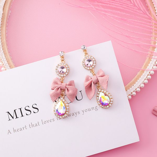 

mengjiqiao 2018 new korean pink bowknot dangle earrings for women rhinestone drop earings fashion jewelry sweet gift, Silver