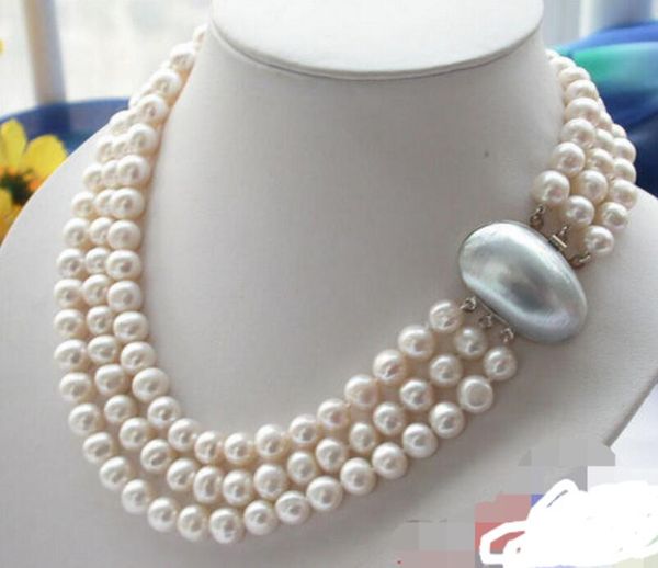 

new style **3row 9mm white round freshwater cultured pearl necklace fashion wedding party jewellery, Silver
