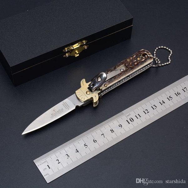 

Италия Hubertus Золинген 6.7inch Antler Ручка одинарного действия Tactical Кемпинг Охота Выживание карманный нож с деревянной коробке подарка EDC Коллекция