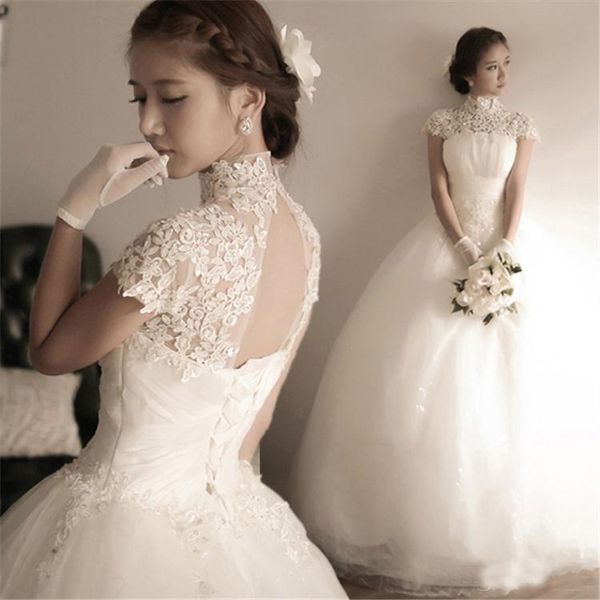 

high neck beaded lace ball gown wedding dresses with cap sleeves sweep train wedding gown white pleated tulle corset bridal gowns