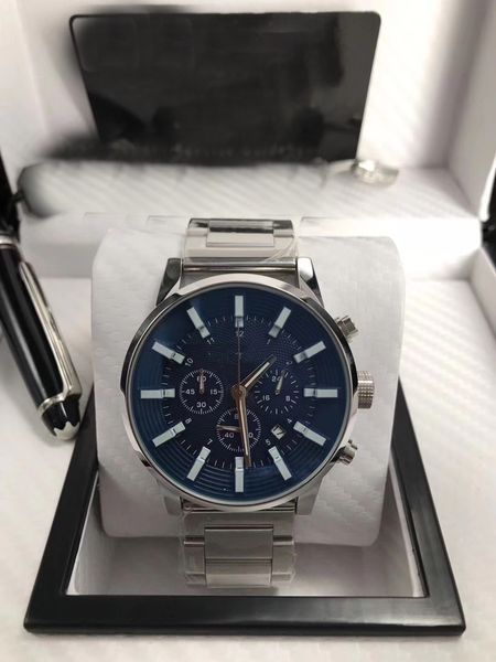 

новый стиль monb кварцевые часы мужчины полный fuction синий циферблат из нержавеющей диапазона мужской часы, Slivery;brown