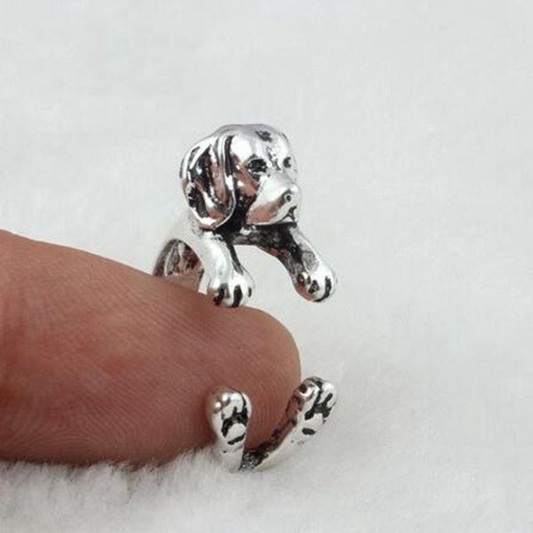 

dropping shipping punk vintage 3d labrador retriever puppy animal wrap dog ring antique silver plated rings, Golden;silver