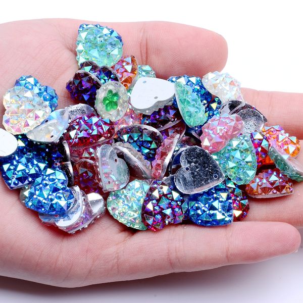 

14mm 40pcs heart shape ab colors flatback resin rhinestones gems with 2 holes sew on diy scrapbooking craft jewelry decoration, Silver;gold
