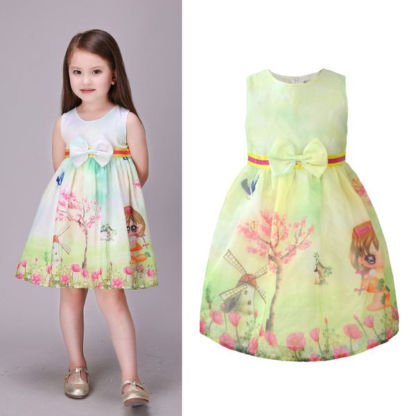 

aile rabbit new girl dress kids print dresses tree windmill bow for kids clothing children party dress size girls summer clothes, Red;yellow