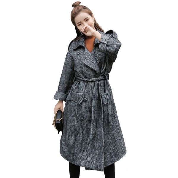 

new 2017 autumn winter woolen coat korean women's loose medium length solid color coat thin belt woolen female outwears, Black