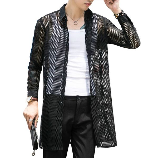 

men fashion casual hollow mesh long sleeve shirts male long translucent cardigan black white shirt jacket stage clothes, White;black