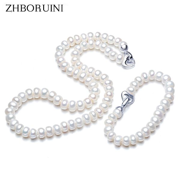 

zhboruini fashion necklace pearl jewelry set natural pearl love button 925 sterling silver necklace bracelet for women gift