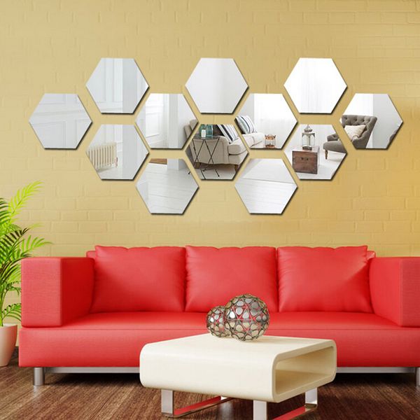 

eshylala 12 pcs 80mm/46mm gold silver 3d mirror geometric hexagon acrylic wall sticker bedroom living room stickers decor gift