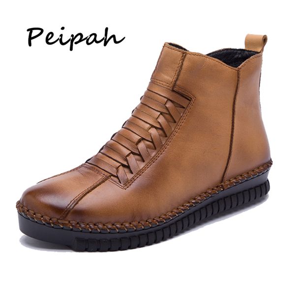 

peipah plus size 35-43 handmade women ankle boots genuine leather ankle boots autumn winter cowhide women's shoes botas mujer, Black