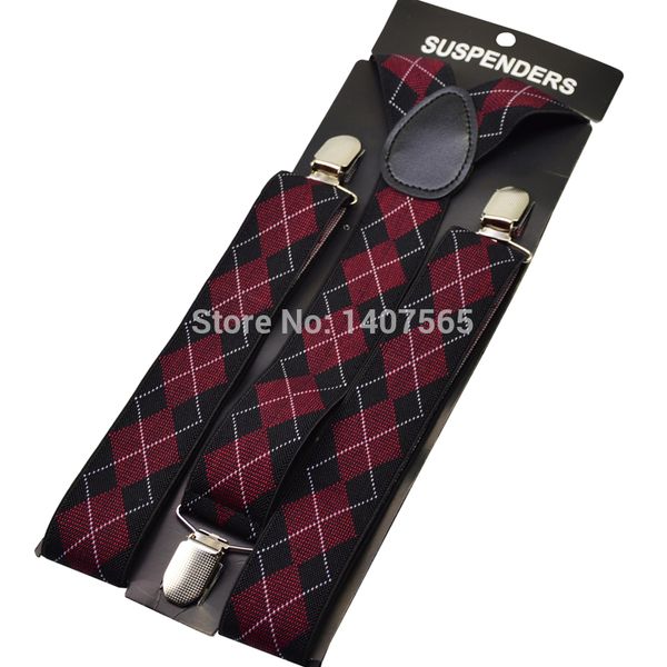 

120cm mens suspender 3.5cm wide women big plussize suspenders 3 clip-on y-back plaid black wine red braces elastic by13, Black;white