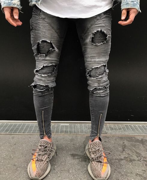 

new spring fold mens jeans fashion zipper hole high street style slim feet trousers mens motorcycle pants, Blue