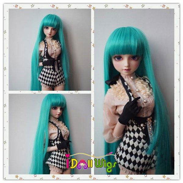 

высокотемпературное синтетическое волокно ярко-зеленый длинный прямой передний короткий парик волос bjd doll для 1/3 1/4 1/6 для выбора в пр