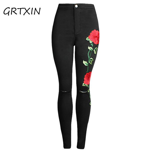 

high waist ripped knee holes denim jeans floral embroidery women's stretchy skinny slim pants female casual pencil jeans, Blue