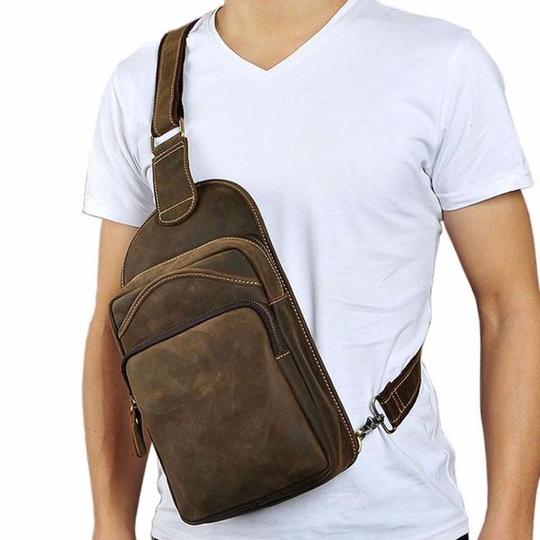 

men first layer cowhide vintage genuine leather sling chest bag high capacity cross body pack daypack travel school hiking