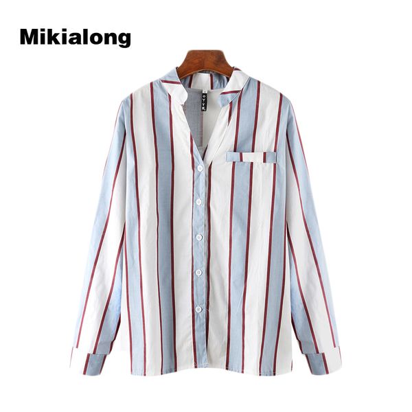 

oln 2017 long sleeve striped shirt women linen blouse femme casual v-neck ladies office shirt with pocket camisetas mujer, White