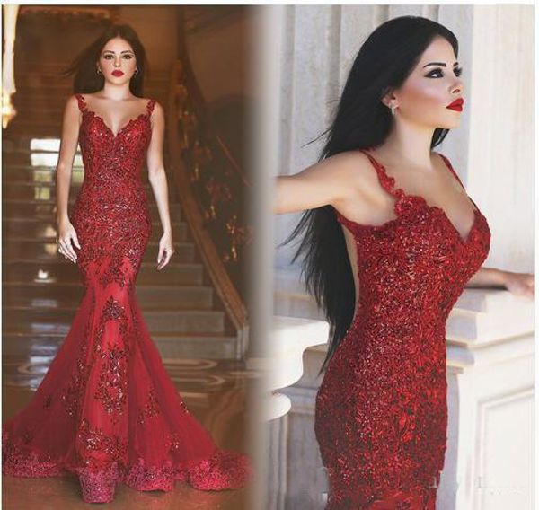 

Arabic Style See Through Back Mermaid Evening Dresses Red Dubai Long Sequins Sweetheart Lace Appliques Prom Pageant Dresses Formal Dresses