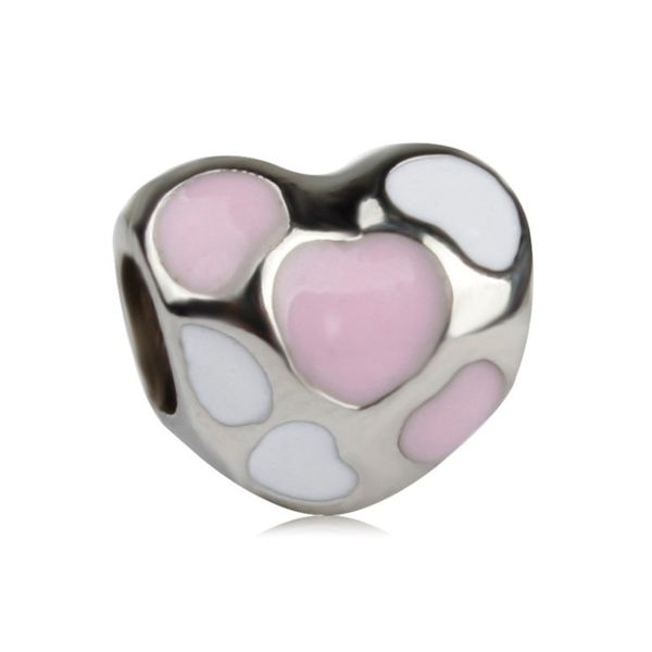 

pink and white painted heart charm bead big hole fashion women jewelry european style for diy bracelet necklace panza007-4, Bronze;silver