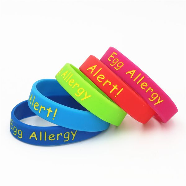 

50pcs egg allergy silicone wristband blue green red pink armband kids medical alert braceets&bangles wholesale sh204, Golden;silver