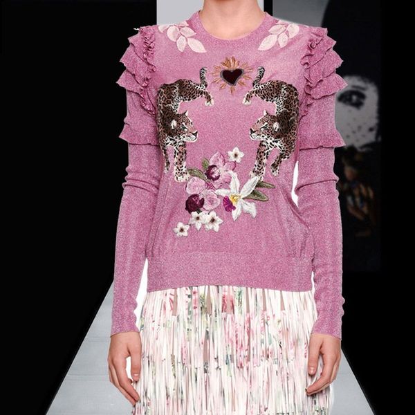 

brand designer women leopard applique sweaters 2018 autumn winter fashion round neck ruffle sleeve floral embroidered casual pullover jumper, White;black