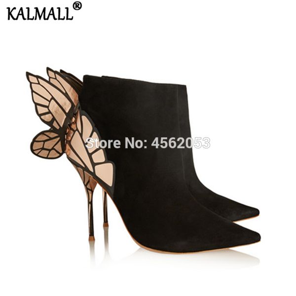 

kalmall ladies shoes autumn pointed toe high stiletto heel botines mujer suede black metallic butterfly wings ankle boots