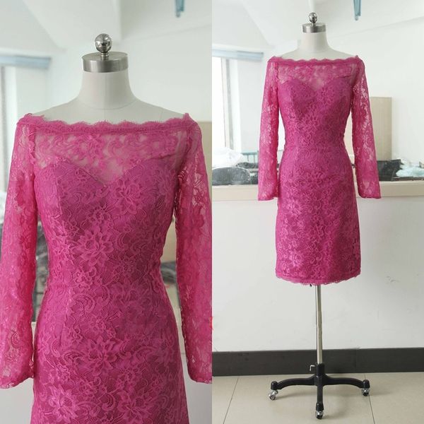 Kurzes Abendkleid für die Brautmutter in Pink mit Spitze, günstiges, transparentes, transparentes Abendkleid mit langen Ärmeln und knielangem Abschlussballkleid