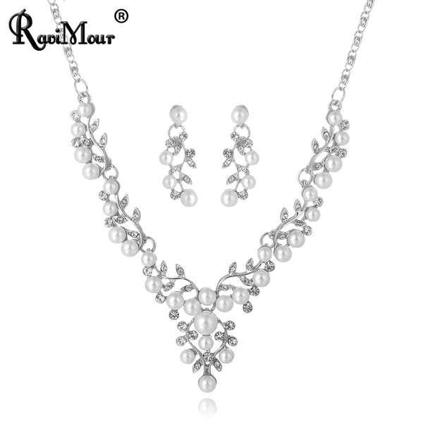 

ravimour wedding simulated pearl jewelry sets fashion leaf choker necklace earring set for women parure bijoux femme accessories, Silver