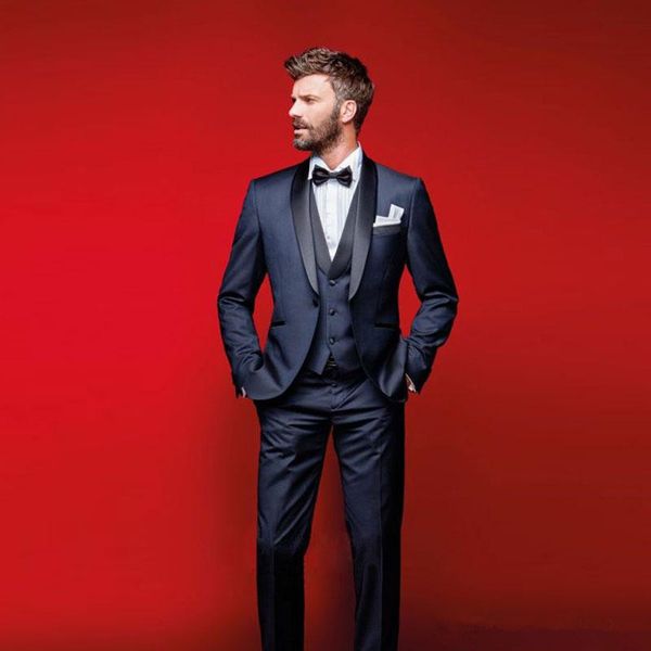 

classy navy blue wedding tuxedos slim fit suits for men groomsmen suit three pieces prom formal suits (jacket +pants+vest+bow tie, Black;gray